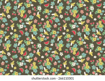 beautiful ditsy floral and fruits seamless background