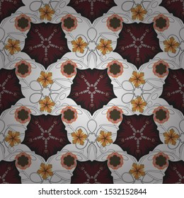 Beautiful ditsy floral seamless background. A lot of vector flowers in white, orange and brown colors. Hand-drawn seamless pattern.