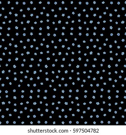 Beautiful ditsy floral seamless background. A lot of vector flowers in blue colors on a black backdrop. Hand-drawn seamless pattern.