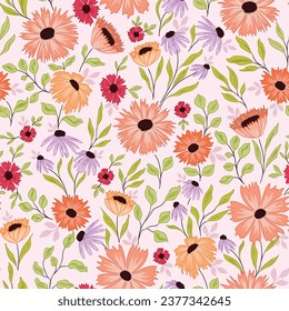 Beautiful ditsy hand drawn wild flower pattern small colourful flower background fashion illustration textile print