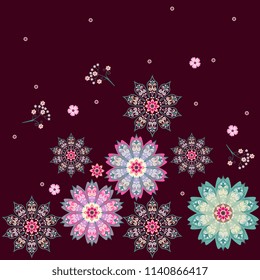 Beautiful ditsy pattern with colorful mandalas - snowflakes and little flowers isolated on dark brown background in vector. Ethnic print for fabric in indian style.