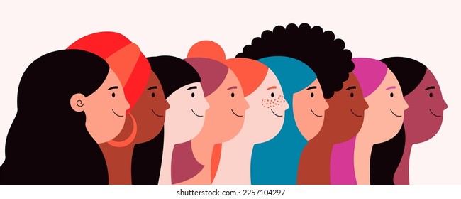 Beautiful diverse women, girls faces in profile. Flat style vector illustration. Female cartoon characters. Design concept for 8 March, Womens Day card, banner, poster. Feminism, gender equality