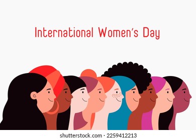 Beautiful diverse women, girls faces in profile. Flat style vector illustration. Female cartoon characters. Design concept for 8 March, Womens Day card, banner, poster, feminism, gender equality