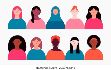 Beautiful diverse women, girls, isolated on white. Flat style vector illustration. Female cartoon characters set. Design element for 8 March, Womens Day card, banner. Feminism, gender equality concept