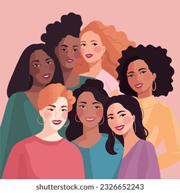 Beautiful diverse women, girls, isolated on white. Flat style vector illustration. Female cartoon characters set.  Feminism, gender equality concept 