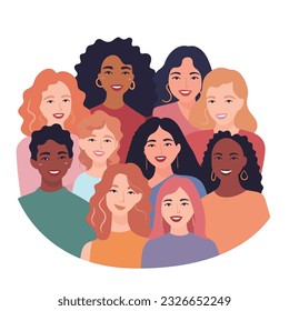 Beautiful diverse women, girls, isolated on white. Flat style vector illustration. Female cartoon characters set.  Feminism, gender equality concept 