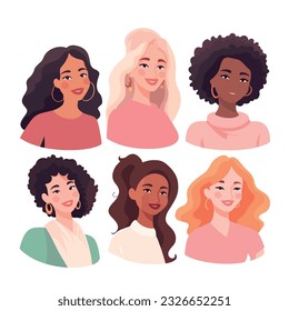 Beautiful diverse women, girls, isolated on white. Flat style vector illustration. Female cartoon characters set.  Feminism, gender equality concept 