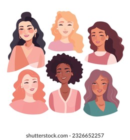 Hermosas mujeres, niñas, aisladas en blanco. Ilustración vectorial de estilo plano. Personajes de dibujos animados femeninos.  Feminismo, concepto de igualdad de género 