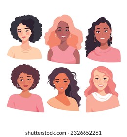 Beautiful diverse women, girls, isolated on white. Flat style vector illustration. Female cartoon characters set.  Feminism, gender equality concept 