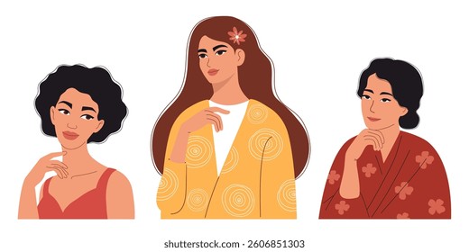 Beautiful Diverse Women set. Elegant Pretty Asian and Slavic light-skinned Female Portrait. Vector illustration. Isolated Cute Modern Ethnic Character on white background  in flat style