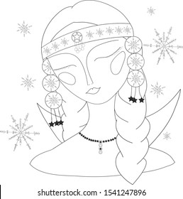 Beautiful divine winter girl with ornate crown. Bohemian goddess. Hand drawn beautiful contour illustration for coloring book