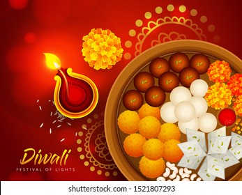 Beautiful Diwali Background Design with Sweets, Diya and Flowers. Greeting Card Design for Happy Diwali.