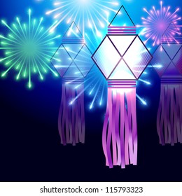 beautiful diwali festival lamp with fireworks