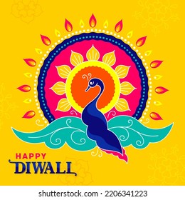 Beautiful Diwali greeting card, the Festival of Lights is a symbol of the victory of good over evil. Abstract bird and sun from lights 