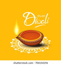 Beautiful Diwali greeting card Vector illustration of Traditional  Illuminated / burning oil lamp or Floral diya and Floral Rangoli Base for Diwali Festival  with creative text of Shubh Diwali .