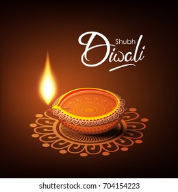 Beautiful Diwali greeting card Vector illustration of Traditional  Illuminated / burning oil lamp or Floral diya and Floral Rangoli base on Diwali Festival  with creative text of Shubh Diwali .