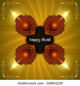 Beautiful Diwali lamps on green color artistic background with rays. vector illustration