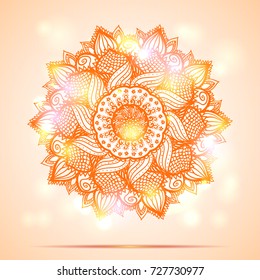 Beautiful diwali present card design.Creative and artistic mandala tattoo design on orange background with shining lights and bokeh effect. Vector EPS10 file.