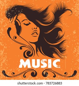 beautiful DJ girl with headphones. Music Poster in retro grunge style. Vector illustration.