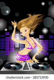 Beautiful DJ girl on decks on the party. Template for party 