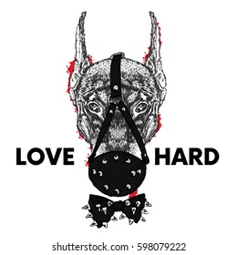 The beautiful Doberman is muzzled. Vector illustration. Dog in the mask. Loves hard.