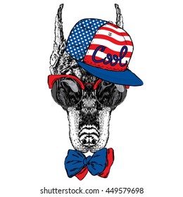 Beautiful Doberman wearing glasses, a cap and tie. Vector illustration for greeting card, poster, or print on clothes. Pedigree dog.