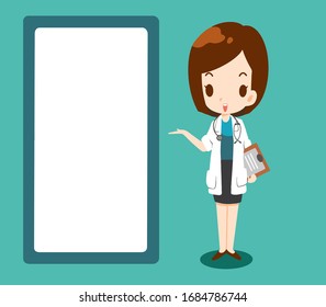 Beautiful doctor is giving advice on a blank  vertical white board(vector).