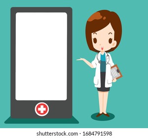 Beautiful doctor is giving advice on a blank  vertical black mobile phone(vector).
