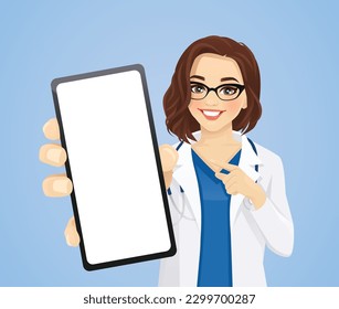 Beautiful doctor or nurse pointing to the blank phone screen vector illustration 