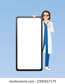 Beautiful doctor or nurse standing behind huge full length and pointing to the blank phone screen vector illustration 