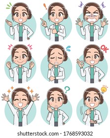 Beautiful doctor in a white coat.She has various expressions.