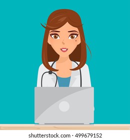 beautiful doctor woman smiling and writing on laptop computer.