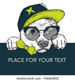 A beautiful dog in a cap, glasses and a tie. Vector illustration for a postcard or a poster, print for clothes. Purebred puppy. Alabai or the Shepherd.