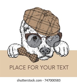 A beautiful dog in a cap, glasses and a tie. Vector illustration for a postcard or a poster, print for clothes. Purebred puppy. Alabai or the Shepherd.