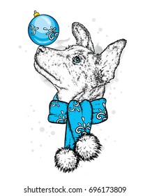 A beautiful dog with a Christmas ball on his nose. Puppy in a New Year's scarf. Vector illustration for a postcard or a poster. New Year's and Christmas. Winter holidays.