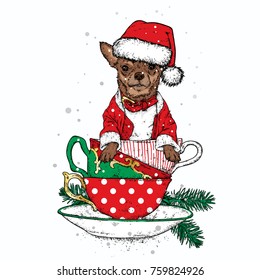 A beautiful dog in a Christmas hat sits in cups. Vector illustration. New Year's and Christmas. Chihuahas and New Year's decorations. Pedigree dog.