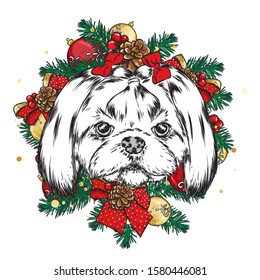 Beautiful dog in Christmas wreath. Cute puppy. New Year's and Christmas. Vector illustration for a postcard or a poster. Poodle.