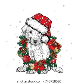 Beautiful dog in Christmas wreath. Lovely thoroughbred puppy. New Year's and Christmas. Vector illustration for a postcard or a poster.
