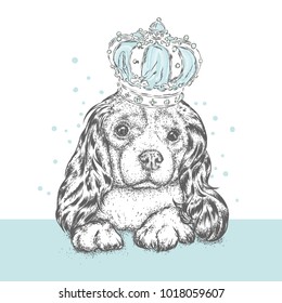 Beautiful dog in the crown. Cute Spaniel. Purebred puppy. Vector illustration for a postcard or a poster, print for clothes and accessories. A princess.