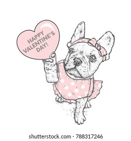 Beautiful dog in a dress and with a bow. Purebred puppy. French Bulldog. Vector illustration for a postcard or poster, print for clothes or printed products.