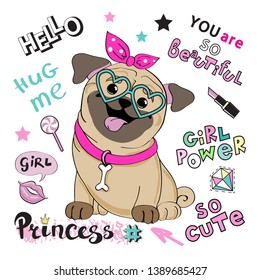 Beautiful dog girl pug and lettering you are beautiful princess on a white background