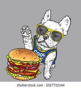 A beautiful dog with glasses and cap. Purebred puppy. French Bulldog. Vector illustration for a postcard or poster, print for clothes or printed products. Hot dog and cheeseburger.