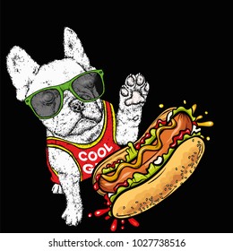 A beautiful dog with glasses and cap. Purebred puppy. French Bulldog. Vector illustration for a postcard or poster, print for clothes or printed products. Hot dog and cheeseburger.