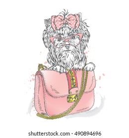 A beautiful dog and beautiful handbag. Clutch. Yorkshire Terrier. Vector illustration for greeting card, poster, or print on clothes. Fashion & Style. Vintage.