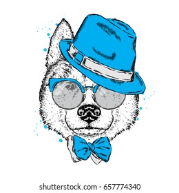 A beautiful dog in a hat, glasses and a tie. Vector illustration for a postcard or poster, print on clothes. Purebred puppy. Husky or wolf.