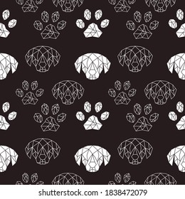 Beautiful dog head and paw print art vector pattern.	