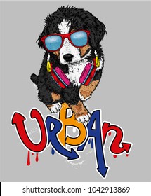 A beautiful dog in a headphones. The Bernese zenenhund. Purebred puppy in clothes and accessories. Vector illustration for a postcard or poster, print on clothes, covers, covers or bags.