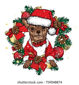 A beautiful dog in a New Year's wreath with balls and bows. Vector illustration. New Year's and Christmas. Chihuahua and New Year's decorations. 