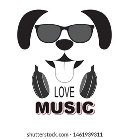 Beautiful dog in sunglasses love music. Cool kids graphics for t-shirts. Greeting card. Vector illustration.