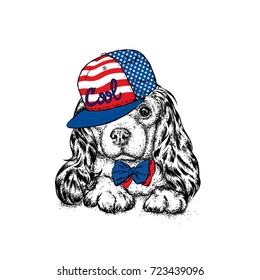 A beautiful dog in a wreath with a cap and tie. Cool Spaniel. Purebred puppy. Vector illustration for a postcard or a poster, print for clothes and accessories.
